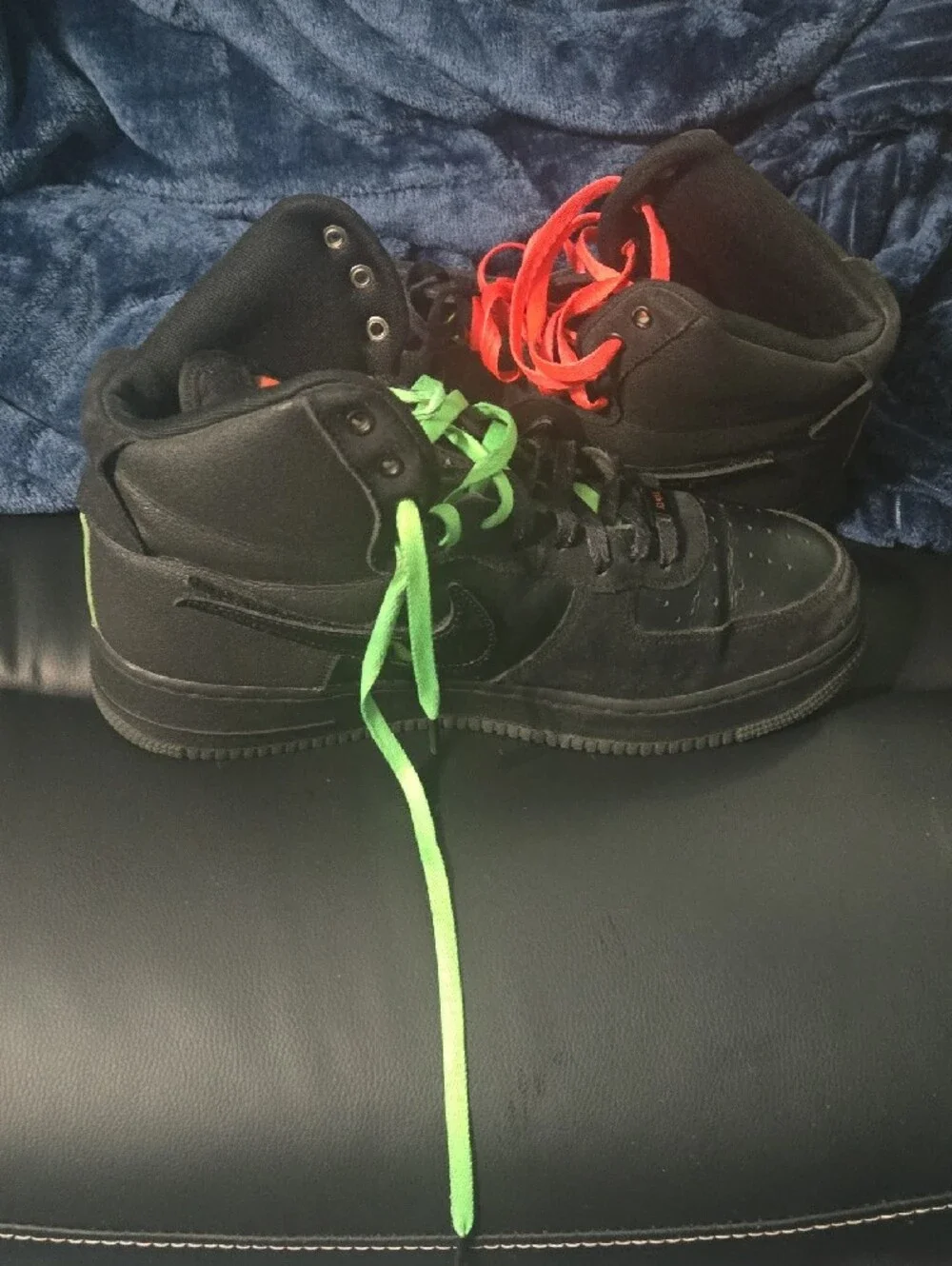 Mens Black High-Top Sneakers with Neon Orange & Neon Green Accents